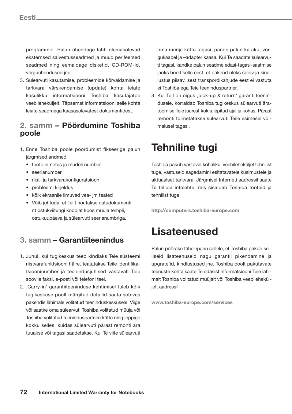 Tehniline tugi, Lisateenused, Samm – pöördumine toshiba poole | Samm – garantiiteenindus, Eesti | Toshiba Satellite Pro U300 User Manual | Page 72 / 191