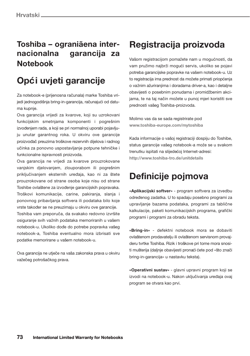 Hrvatski, Opc´ i uvjeti garancije, Registracija proizvoda | Definicije pojmova | Toshiba Satellite Pro U300 User Manual | Page 73 / 191