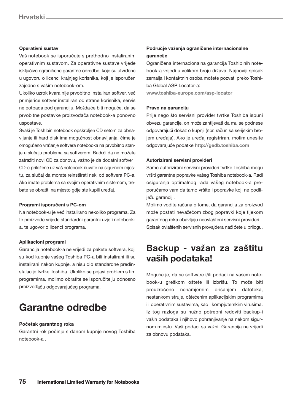 Garantne odredbe, Backup - vazˇan za zasˇtitu vasˇih podataka, Hrvatski | Toshiba Satellite Pro U300 User Manual | Page 75 / 191