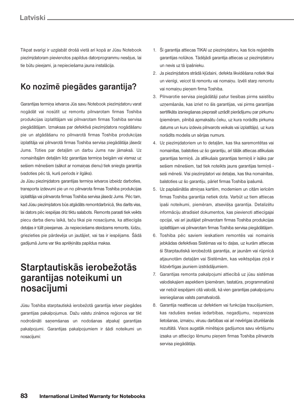 Ko nozīmē piegādes garantija, Latviski | Toshiba Satellite Pro U300 User Manual | Page 83 / 191