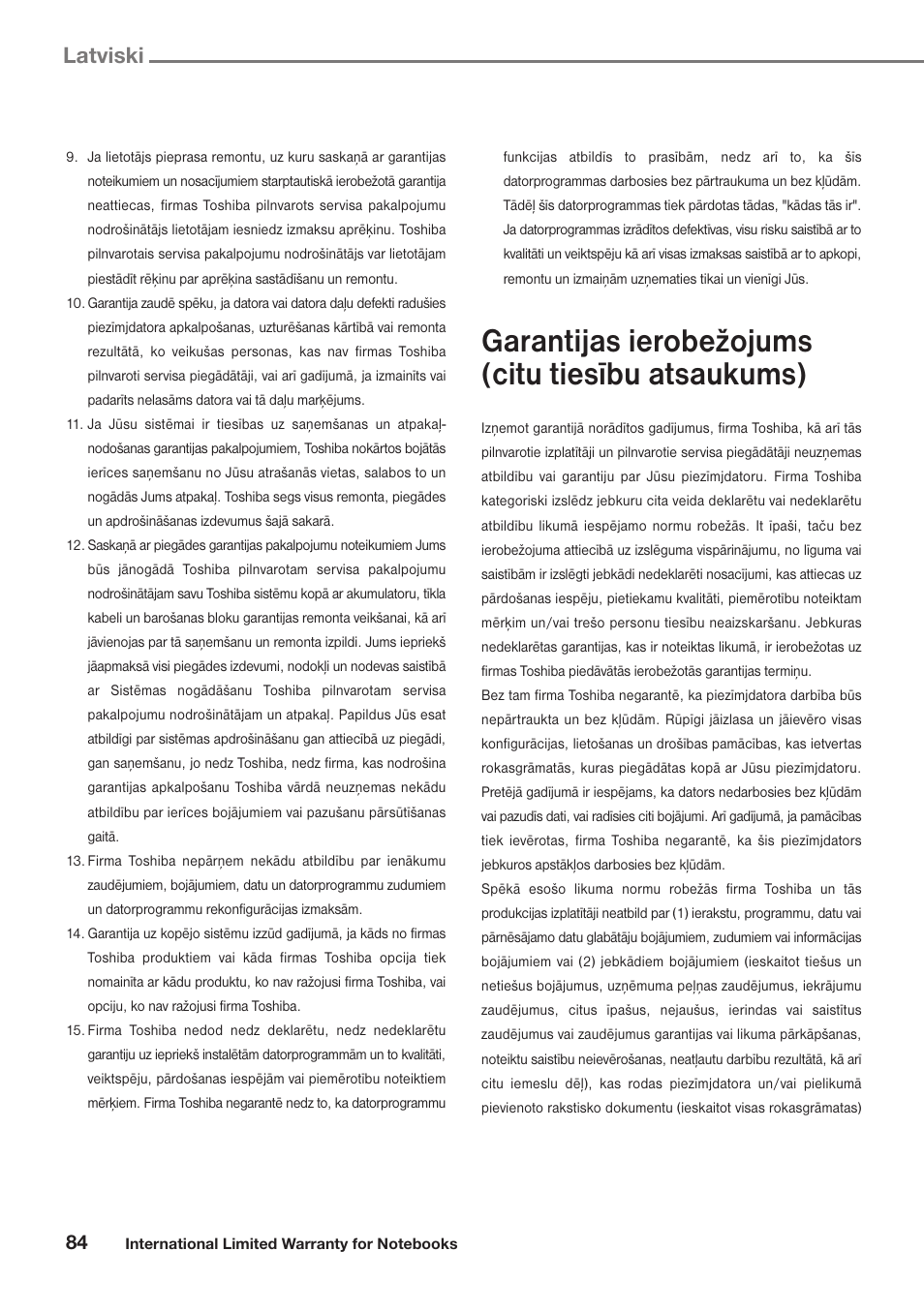 Garantijas ierobežojums (citu tiesību atsaukums), Latviski | Toshiba Satellite Pro U300 User Manual | Page 84 / 191