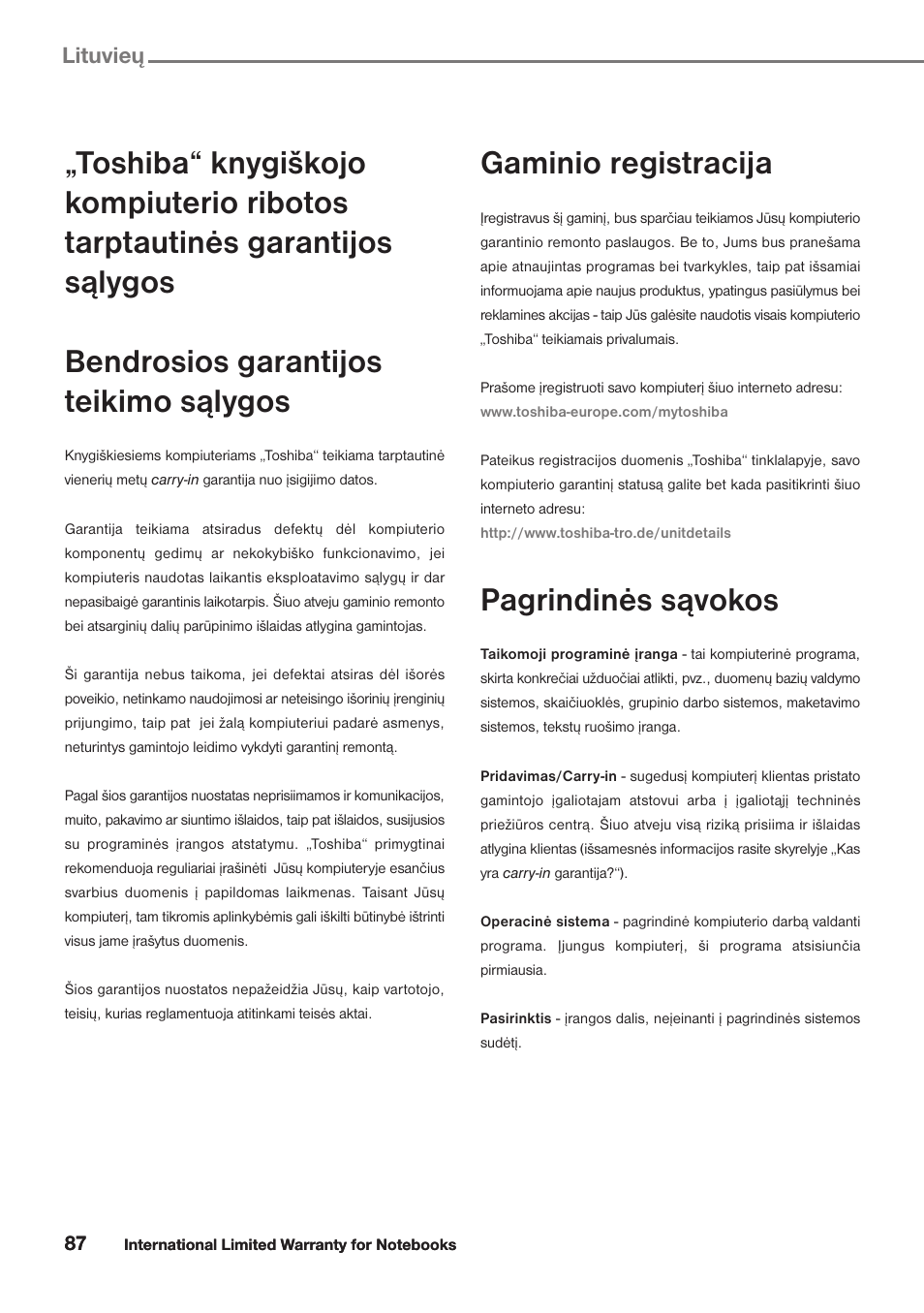 Lituvieu, Gaminio registracija, Pagrindinės sąvokos | Toshiba Satellite Pro U300 User Manual | Page 87 / 191