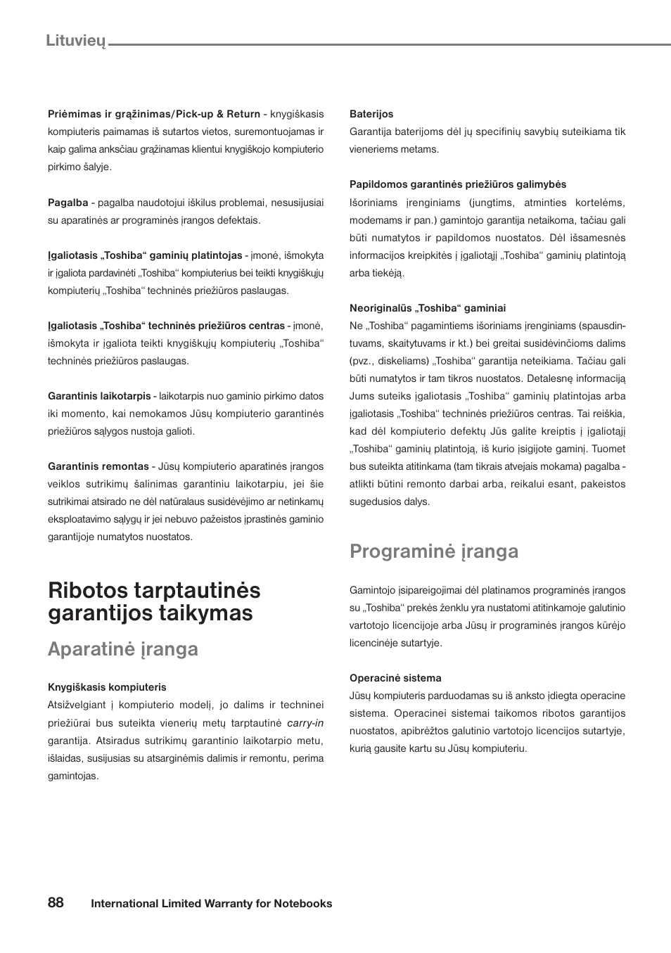 Ribotos tarptautinės garantijos taikymas, Aparatinė įranga, Programinė įranga | Lituvieu | Toshiba Satellite Pro U300 User Manual | Page 88 / 191