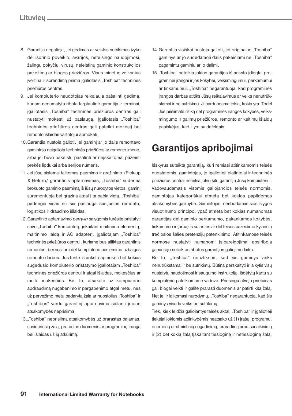 Garantijos apribojimai, Lituvieu | Toshiba Satellite Pro U300 User Manual | Page 91 / 191