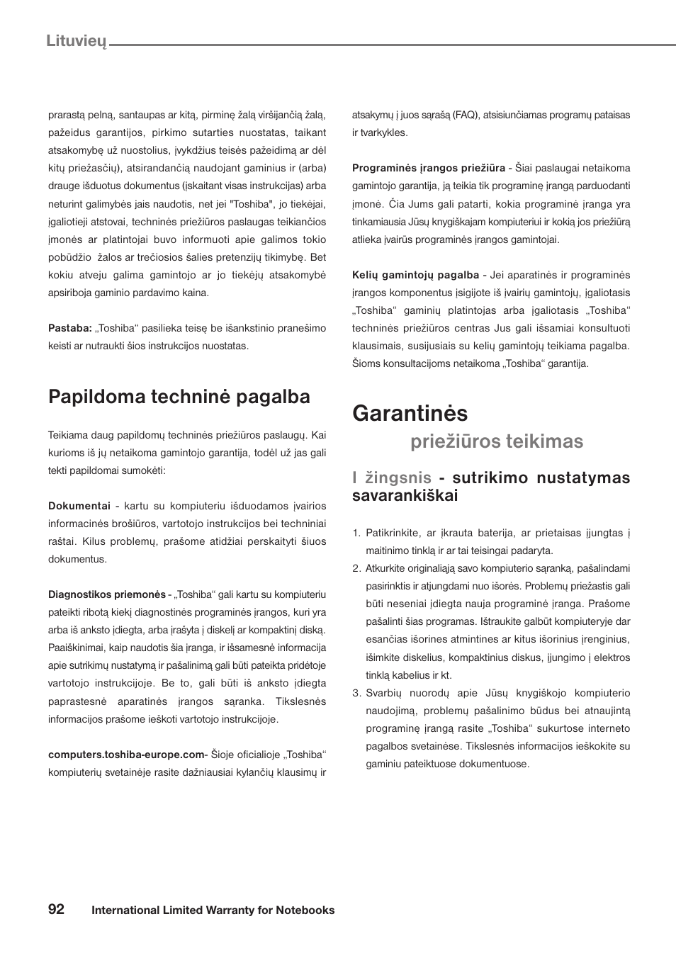 Garantinės, Papildoma techninė pagalba, Priežiūros teikimas | I žingsnis - sutrikimo nustatymas savarankiškai, Lituvieu | Toshiba Satellite Pro U300 User Manual | Page 92 / 191