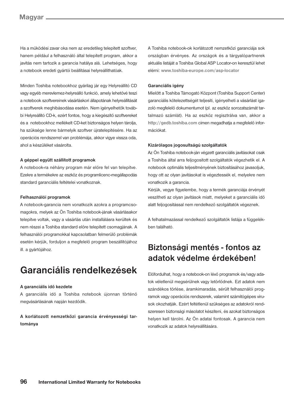 Garanciális rendelkezések, Magyar | Toshiba Satellite Pro U300 User Manual | Page 96 / 191