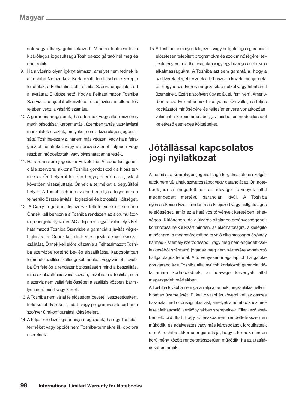 Jótállással kapcsolatos jogi nyilatkozat, Magyar | Toshiba Satellite Pro U300 User Manual | Page 98 / 191