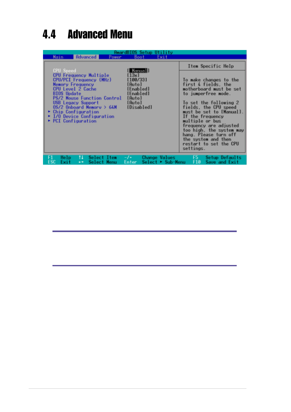 4 advanced menu | Asus Terminator P4 533 User Manual | Page 68 / 98