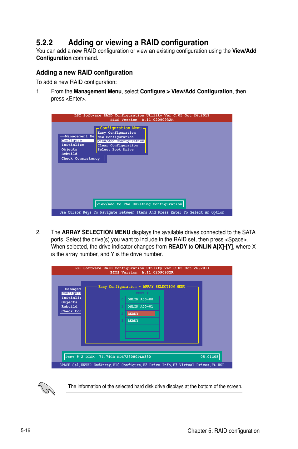 Adding or viewing a raid configuration -16, 2 adding or viewing a raid configuration, Adding a new raid configuration | Chapter 5: raid configuration | Asus P9D-I User Manual | Page 106 / 182