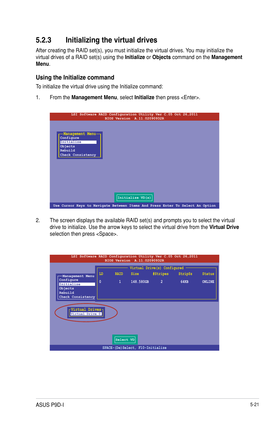 Initializing the virtual drives -21, 3 initializing the virtual drives, Using the initialize command | Asus p9d-i | Asus P9D-I User Manual | Page 111 / 182