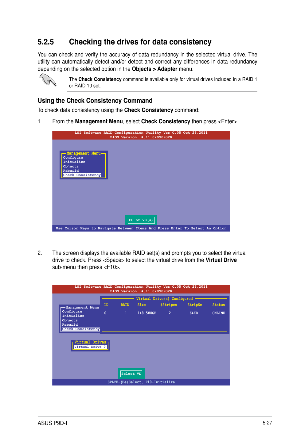 Checking the drives for data consistency -27, 5 checking the drives for data consistency, Using the check consistency command | Asus p9d-i | Asus P9D-I User Manual | Page 117 / 182