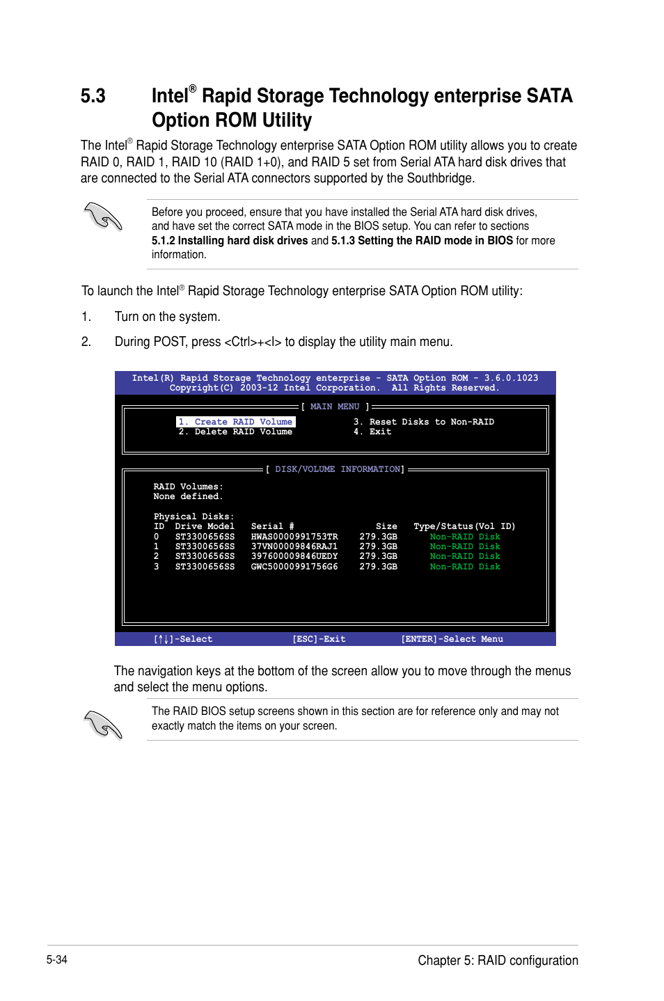 Intel, Rapid storage technology enterprise, Sata option rom utility -34 | 3 intel | Asus P9D-I User Manual | Page 124 / 182