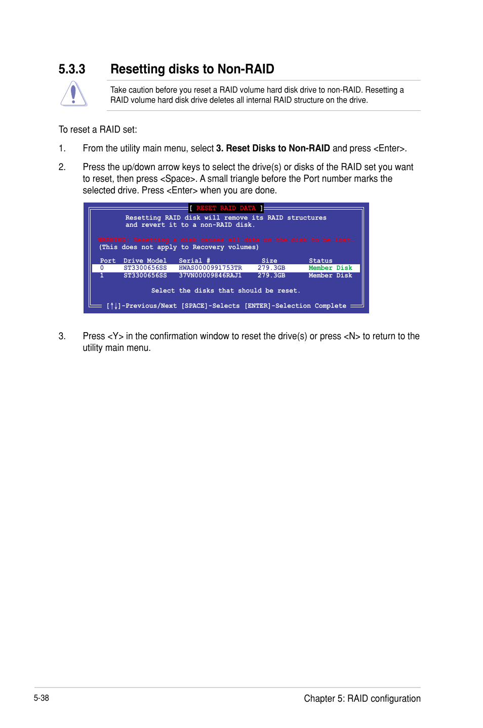 Resetting disks to non-raid -38, 3 resetting disks to non-raid | Asus P9D-I User Manual | Page 128 / 182