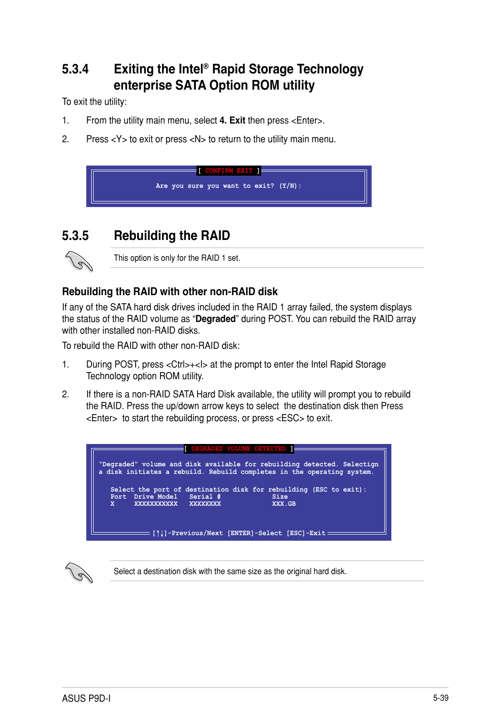 Exiting the intel, Rapid storage technology enterprise, Sata option rom utility -39 | Rebuilding the raid -39, 5 rebuilding the raid, 4 exiting the intel | Asus P9D-I User Manual | Page 129 / 182