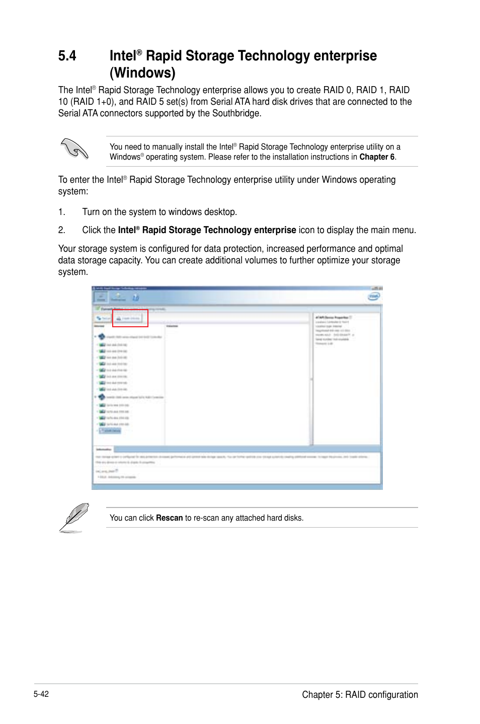 Intel, Rapid storage technology enterprise (windows) -42, 4 intel | Rapid storage technology enterprise (windows) | Asus P9D-I User Manual | Page 132 / 182