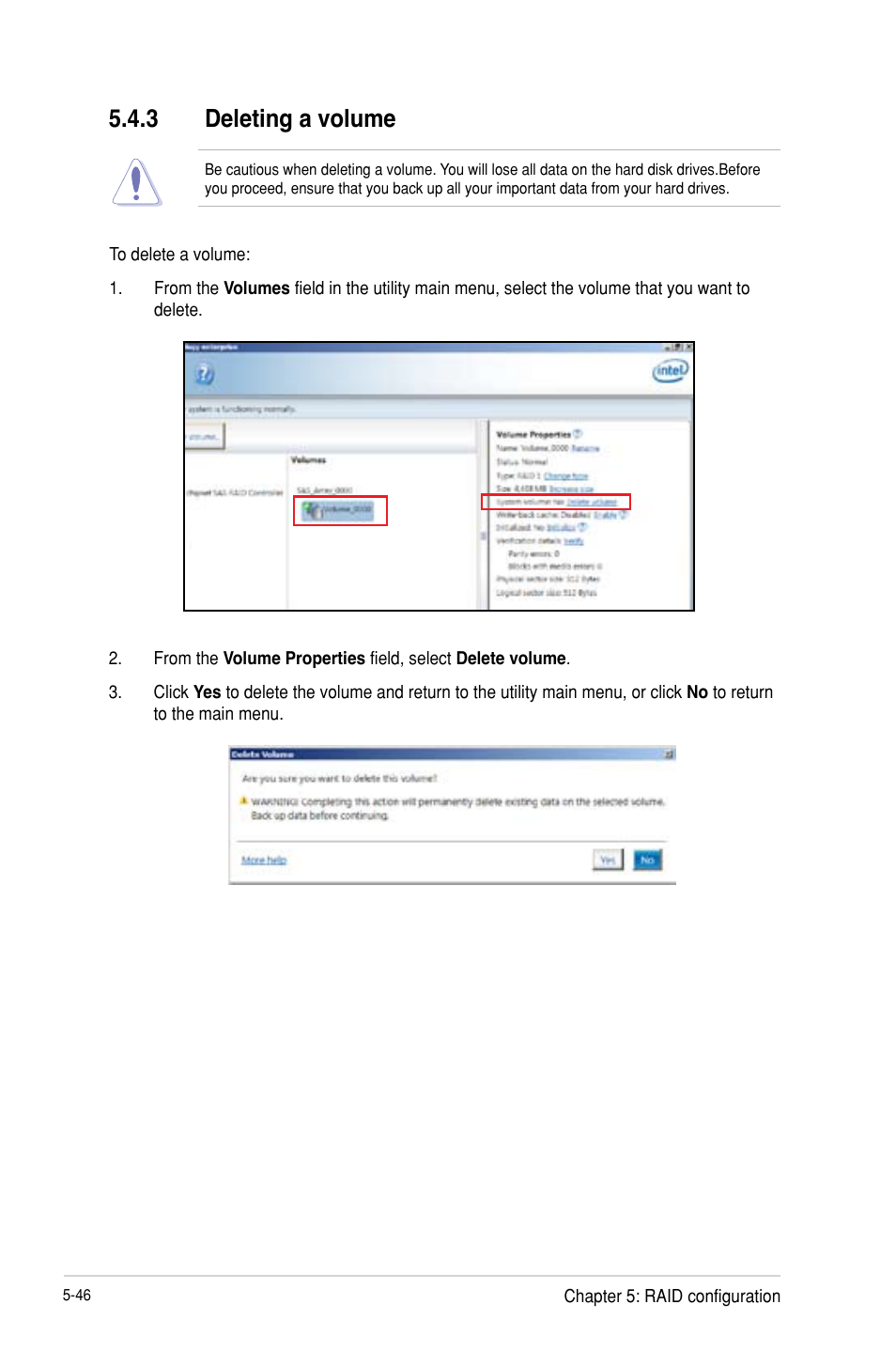 Deleting a volume -46, 3 deleting a volume | Asus P9D-I User Manual | Page 136 / 182