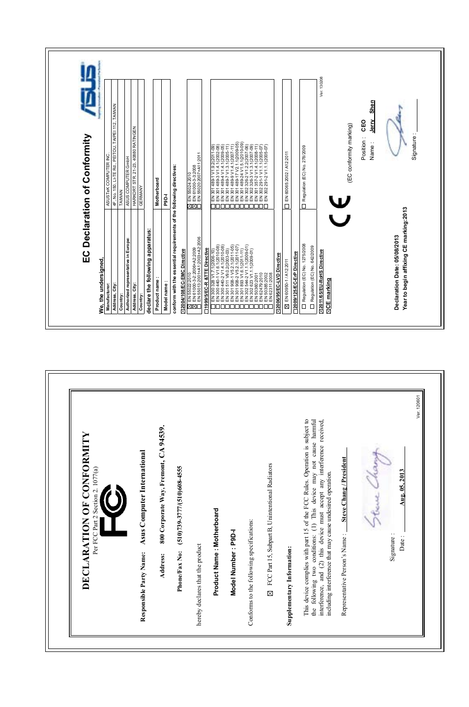 Declaration of conformity, Ec declaration of conformity, Asu s c om pu te r in te rn at io na l | Address: 800 corporate way, fremont | Asus P9D-I User Manual | Page 182 / 182