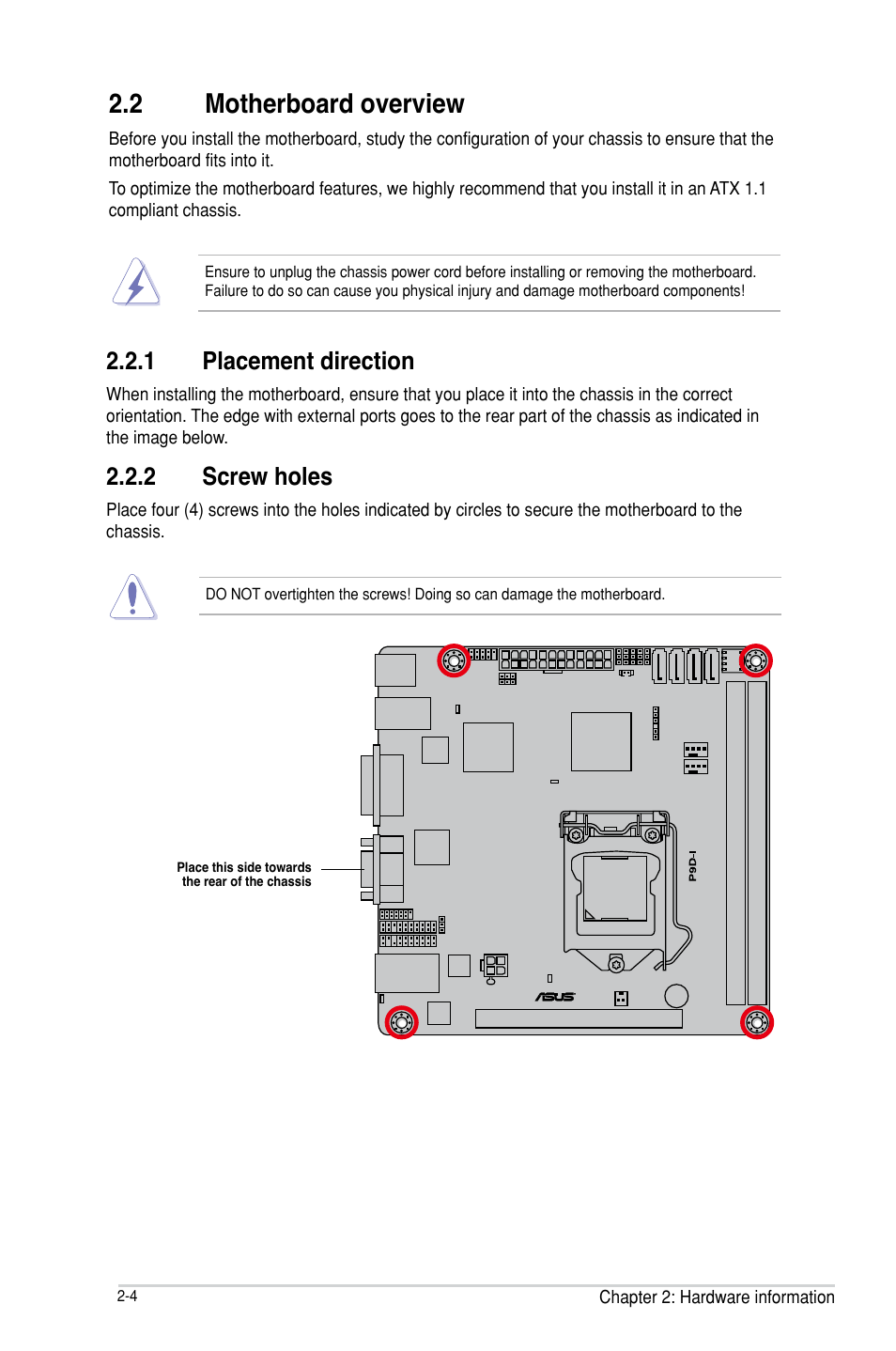 2 motherboard overview, Motherboard overview -4 2.2.1, Placement direction -4 | Screw holes -4, Motherboard overview -4 | Asus P9D-I User Manual | Page 24 / 182