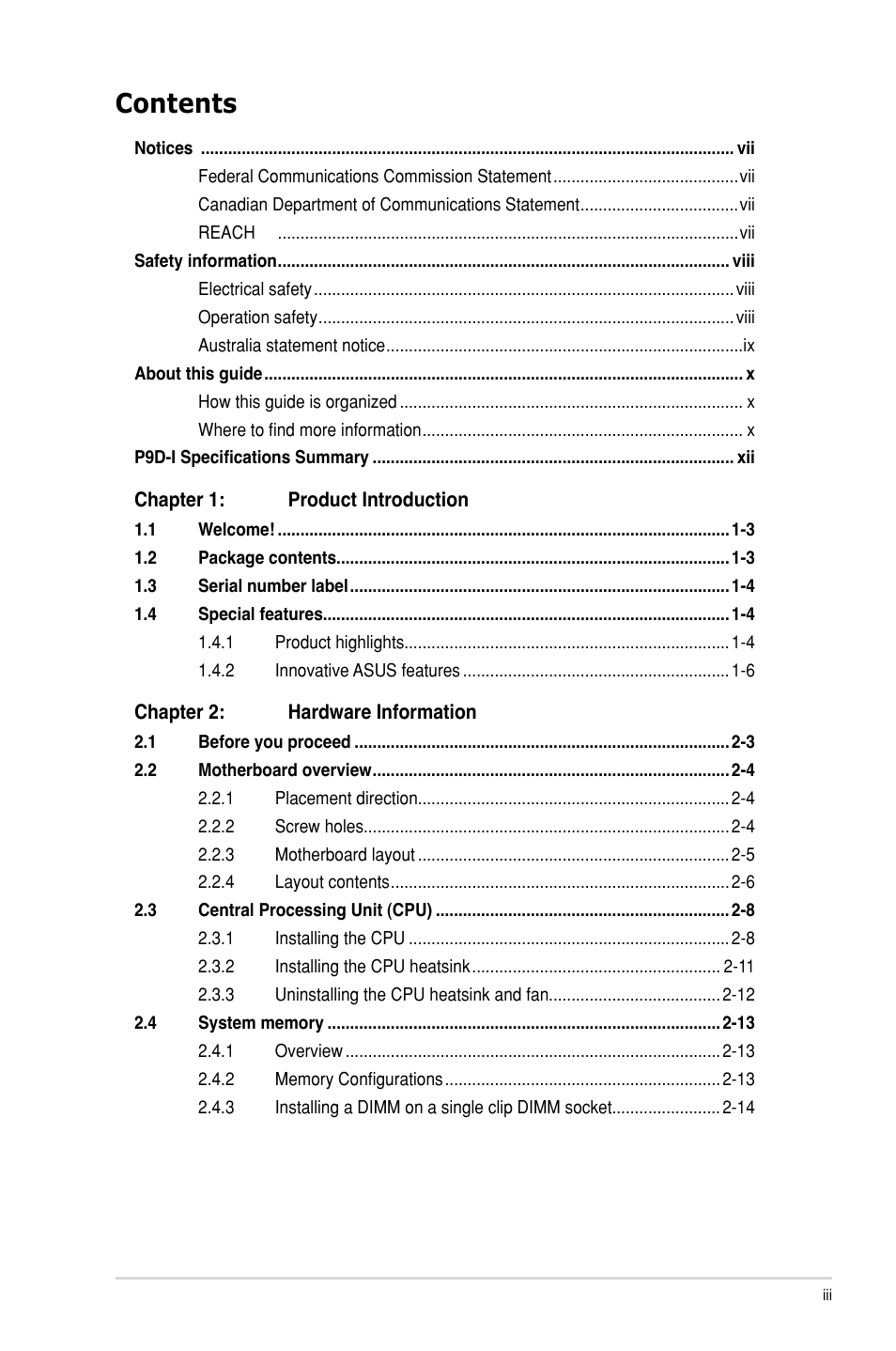 Asus P9D-I User Manual | Page 3 / 182