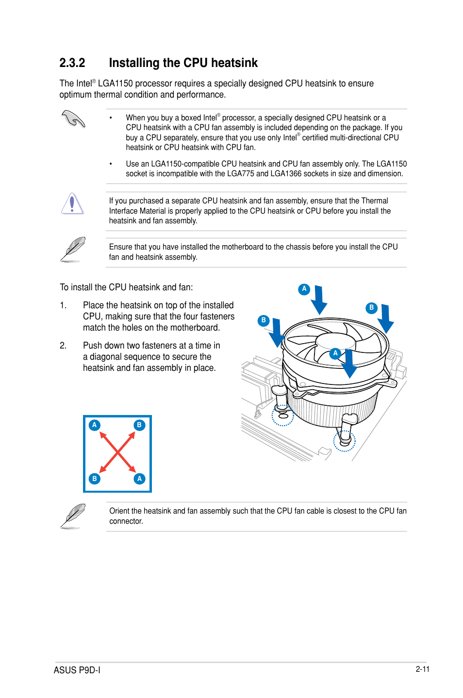 Installing the cpu heatsink -11, 2 installing the cpu heatsink | Asus P9D-I User Manual | Page 31 / 182