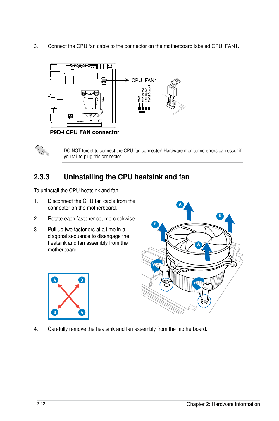 Uninstalling the cpu heatsink and fan -12, 3 uninstalling the cpu heatsink and fan | Asus P9D-I User Manual | Page 32 / 182