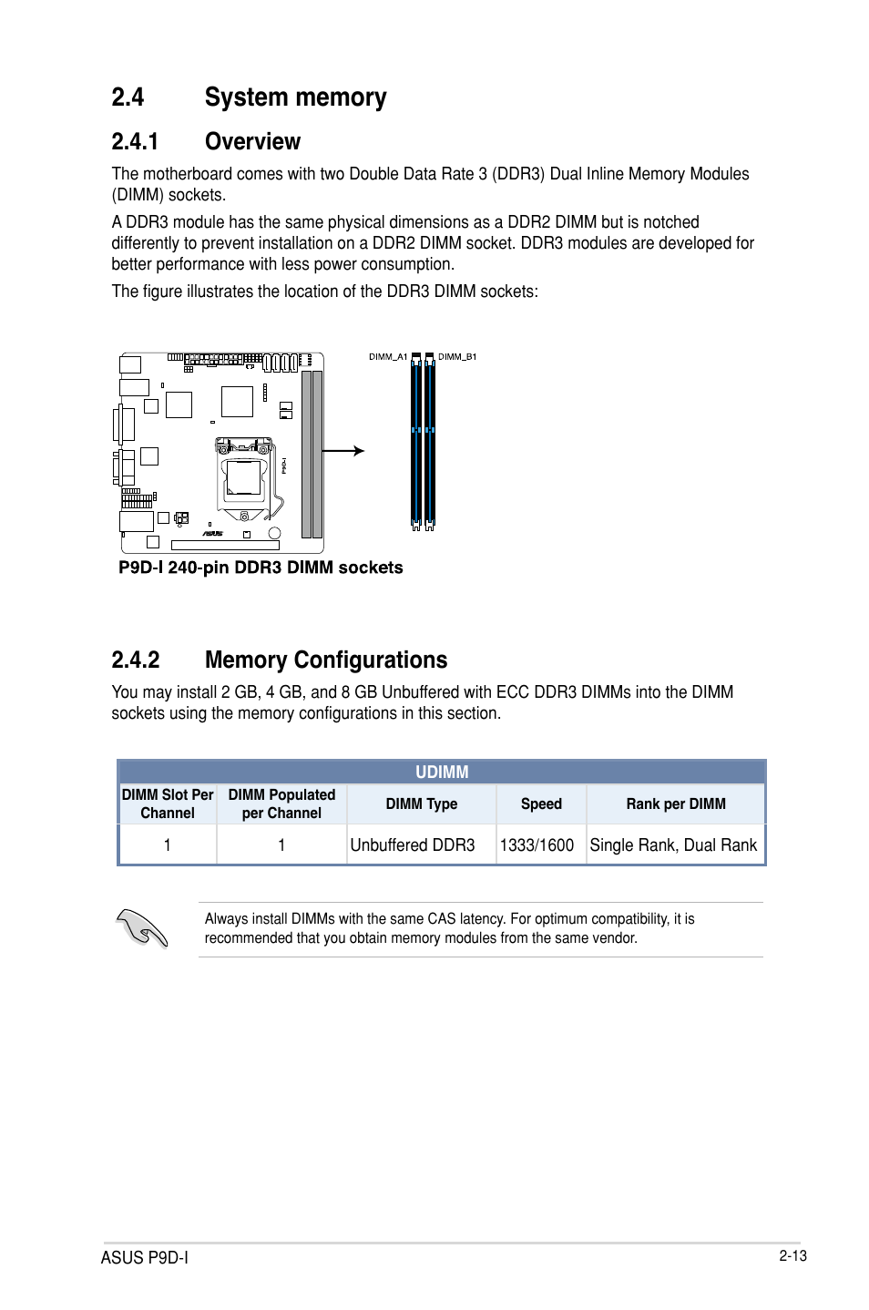 4 system memory, System memory -13 2.4.1, Overview -13 | Memory configurations -13, System memory -13 | Asus P9D-I User Manual | Page 33 / 182