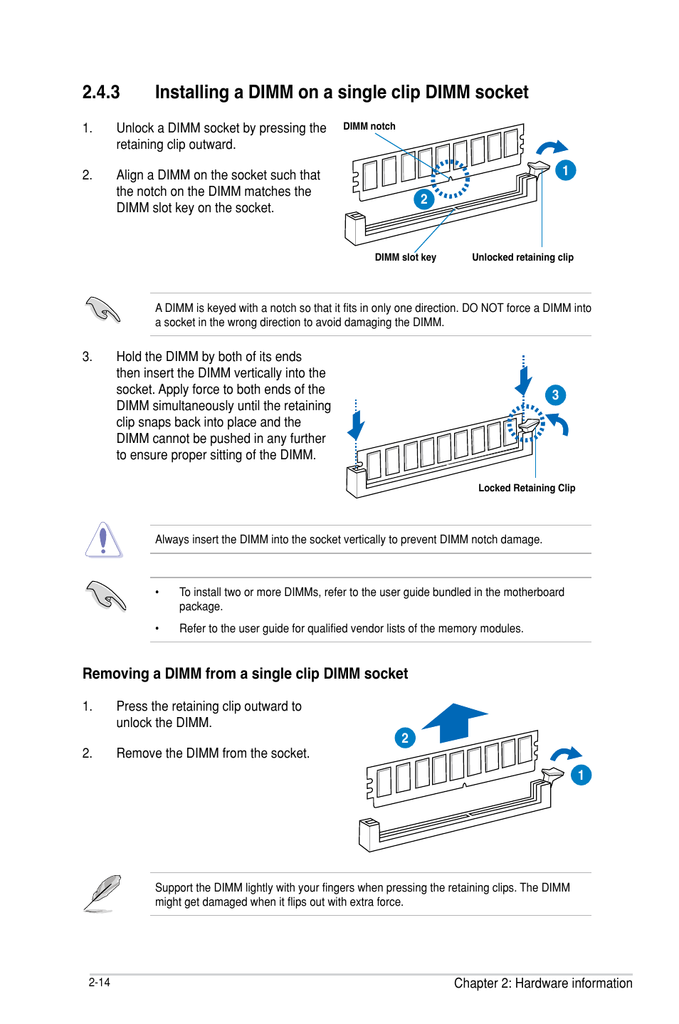 Installing a dimm on a single clip dimm socket -14, 3 installing a dimm on a single clip dimm socket | Asus P9D-I User Manual | Page 34 / 182