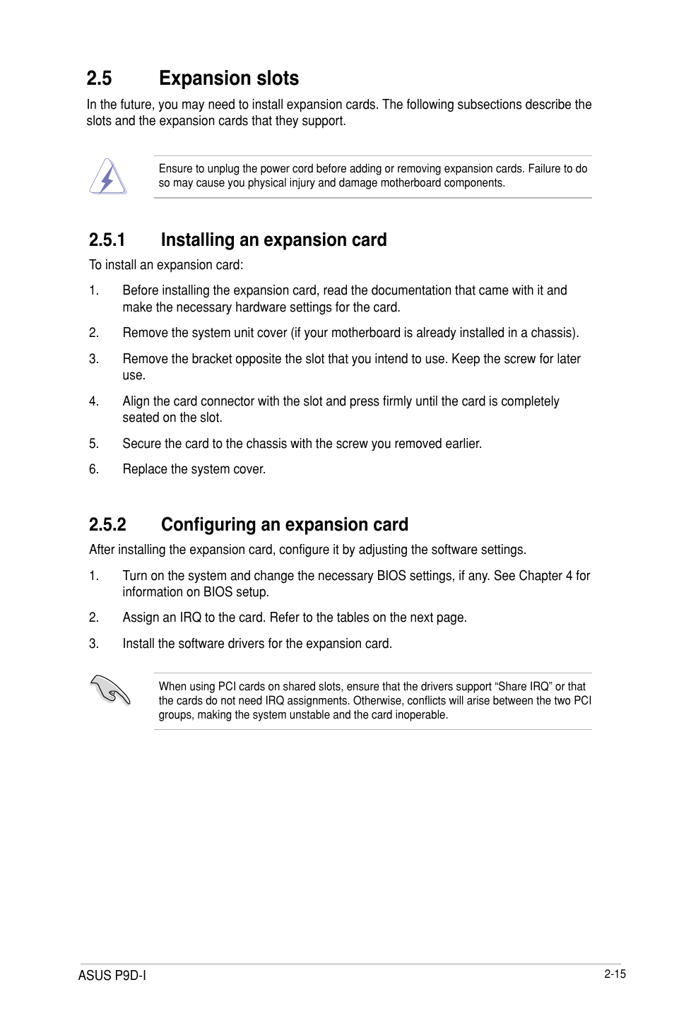 5 expansion slots, Expansion slots -15 2.5.1, Installing an expansion card -15 | Configuring an expansion card -15, Expansion slots -15 | Asus P9D-I User Manual | Page 35 / 182