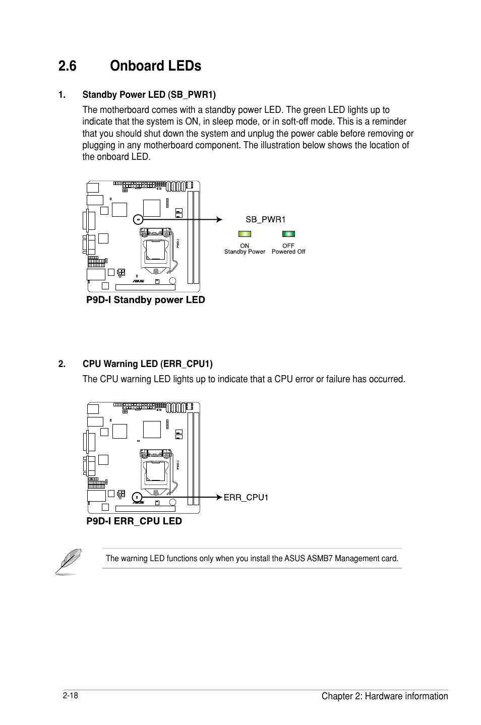 6 onboard leds, Onboard leds -18 | Asus P9D-I User Manual | Page 38 / 182