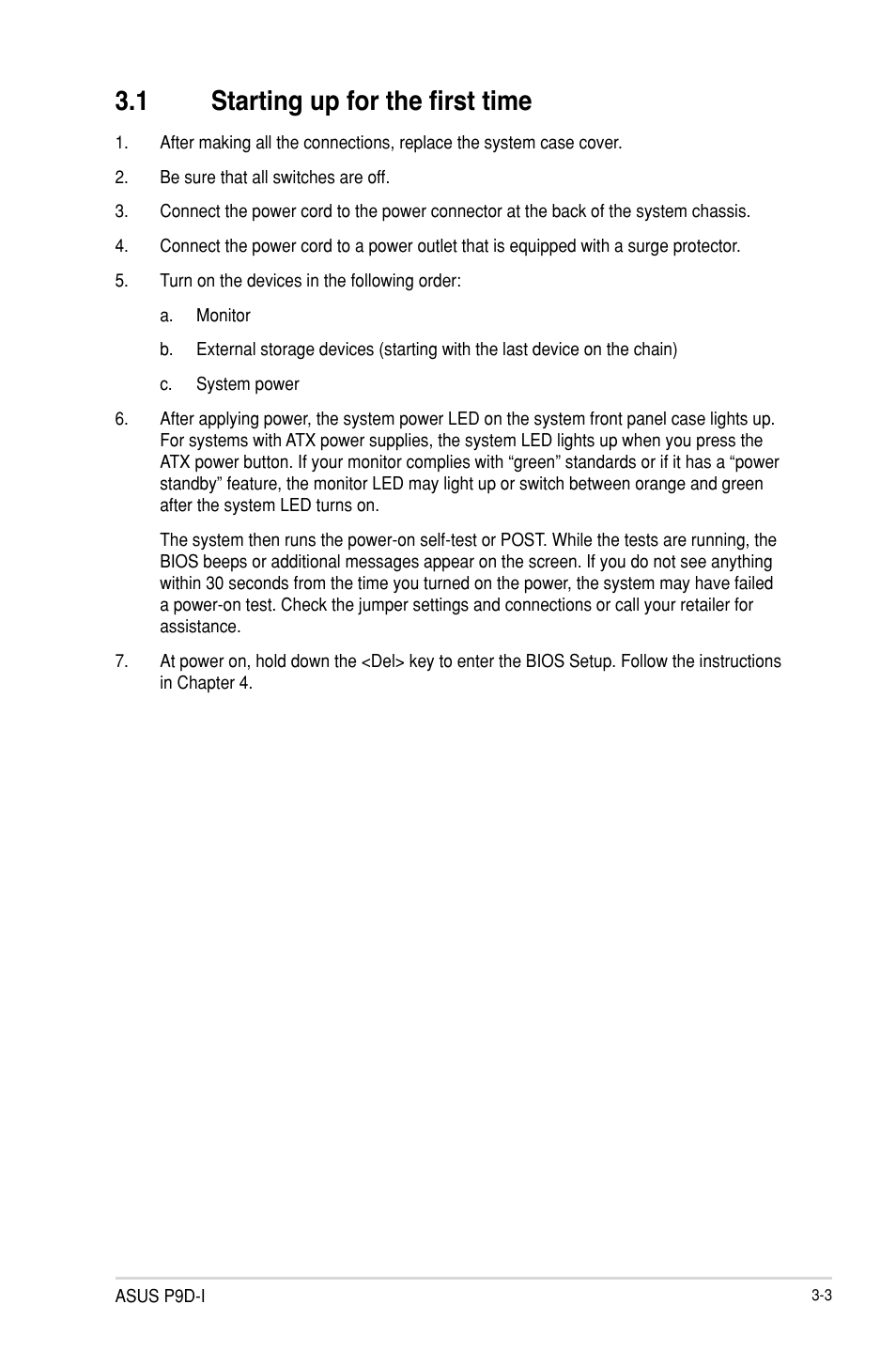 Starting up for the first time -3, 1 starting up for the first time | Asus P9D-I User Manual | Page 51 / 182