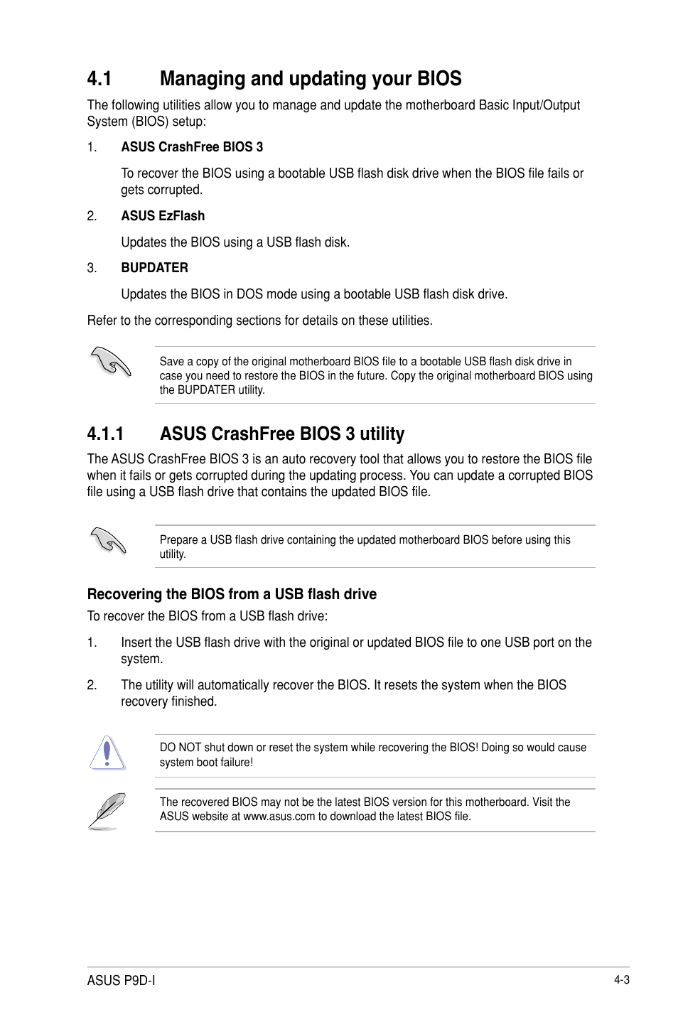 1 managing and updating your bios, Managing and updating your bios -3 4.1.1, Asus crashfree bios 3 utility -3 | Managing and updating your bios -3, 1 asus crashfree bios 3 utility | Asus P9D-I User Manual | Page 55 / 182