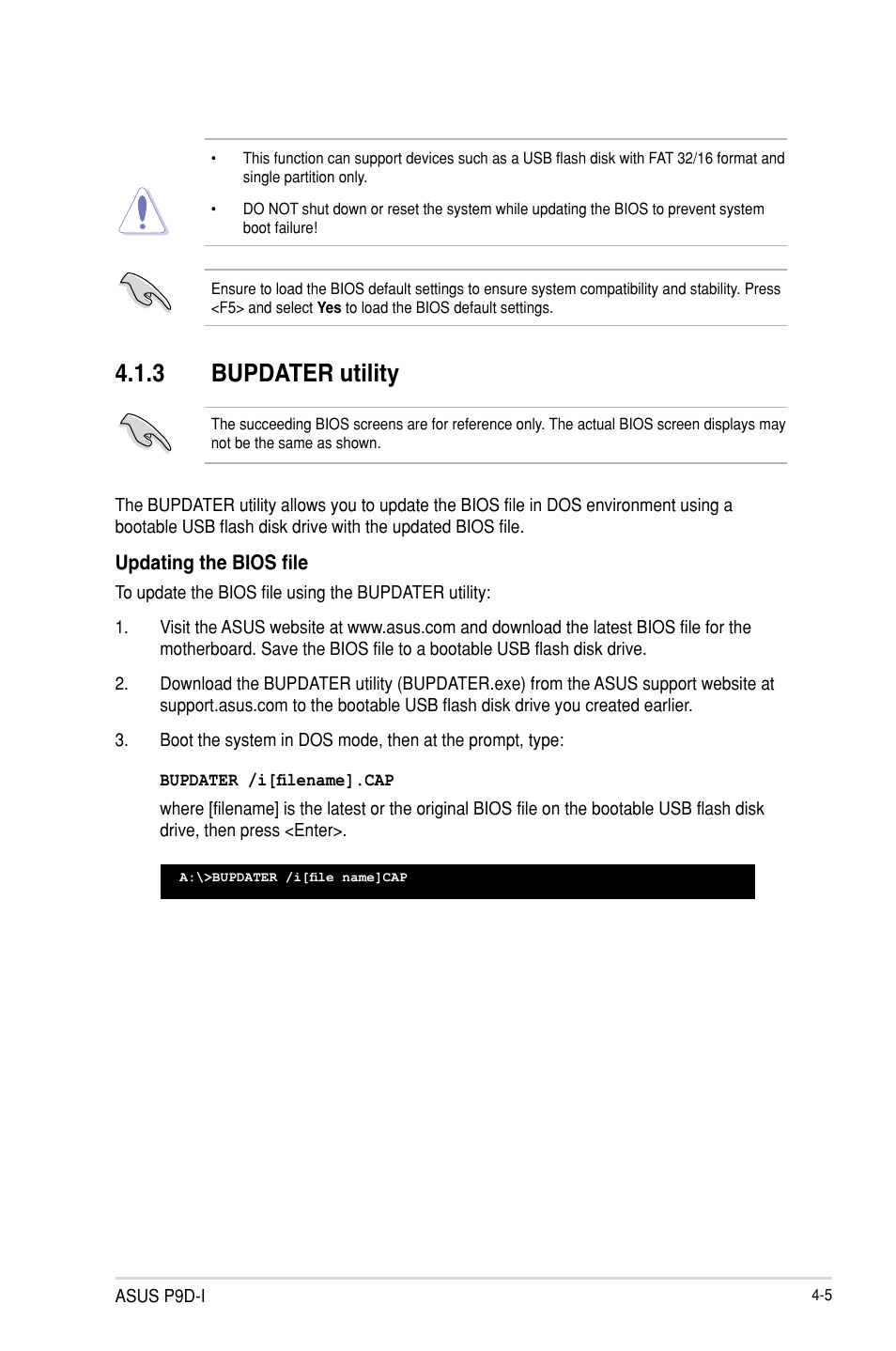 Bupdater utility -5, 3 bupdater utility | Asus P9D-I User Manual | Page 57 / 182