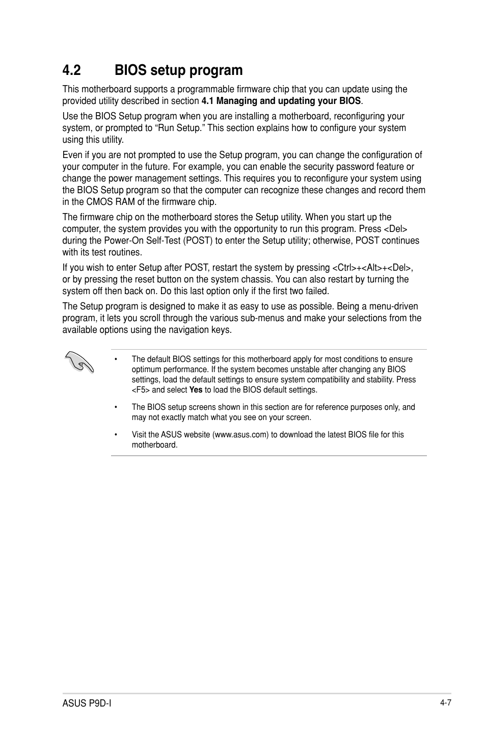 2 bios setup program, Bios setup program -7 | Asus P9D-I User Manual | Page 59 / 182