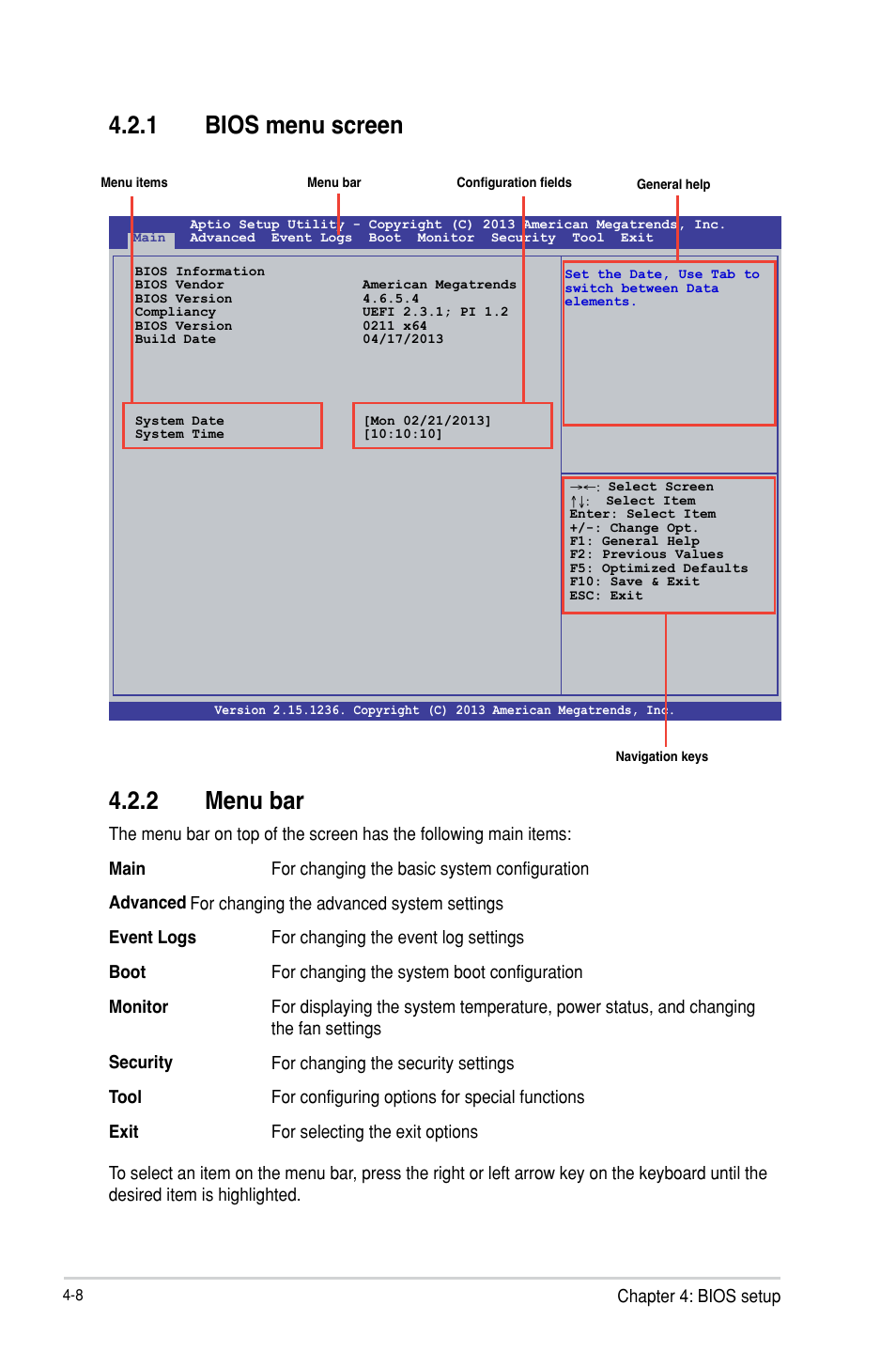 Bios menu screen -8, Menu bar -8, 2 menu bar | 1 bios menu screen | Asus P9D-I User Manual | Page 60 / 182