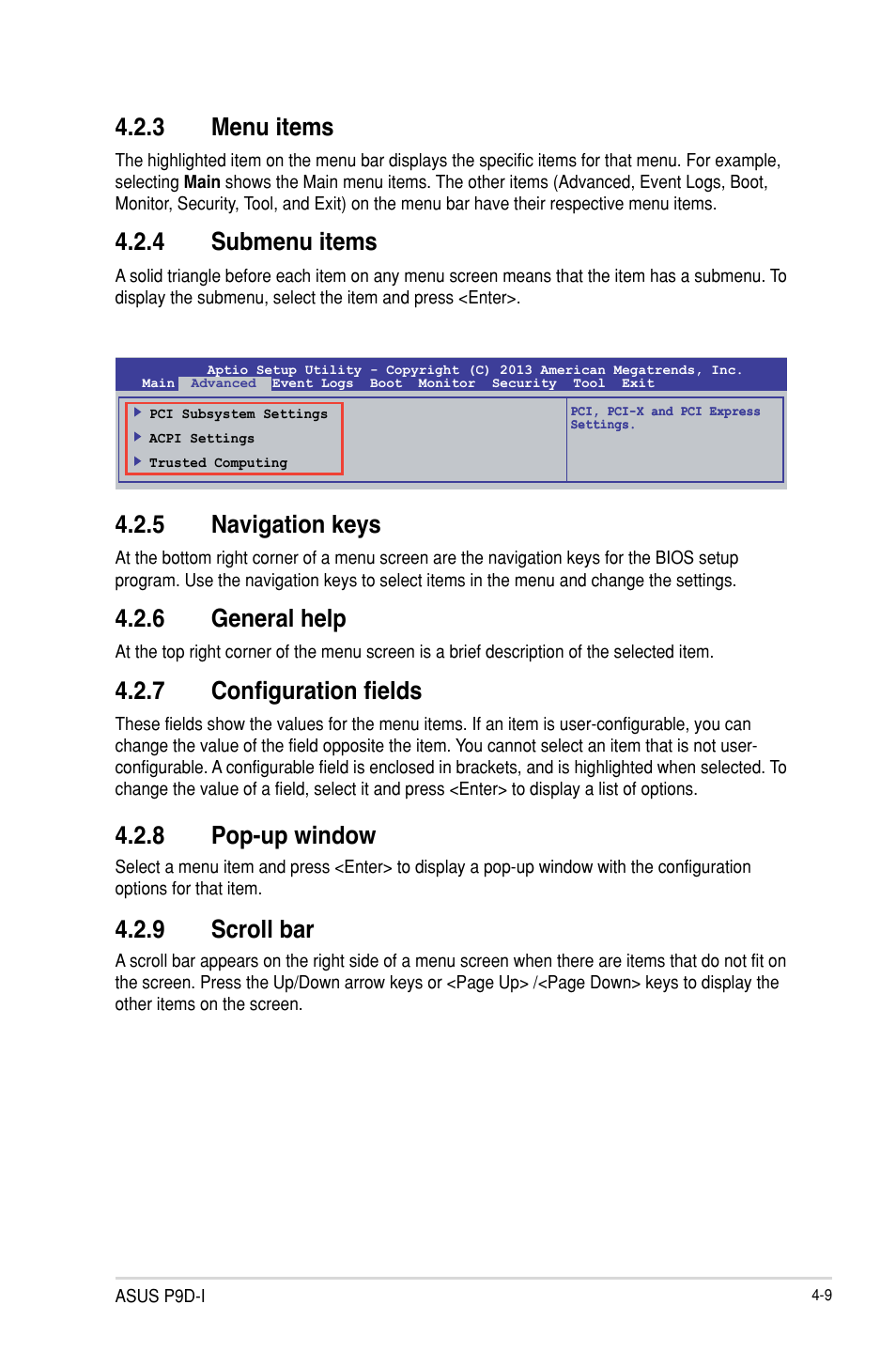 Menu items -9, Submenu items -9, Navigation keys -9 | General help -9, Configuration fields -9, Pop-up window -9, Scroll bar -9, 3 menu items, 4 submenu items, 5 navigation keys | Asus P9D-I User Manual | Page 61 / 182