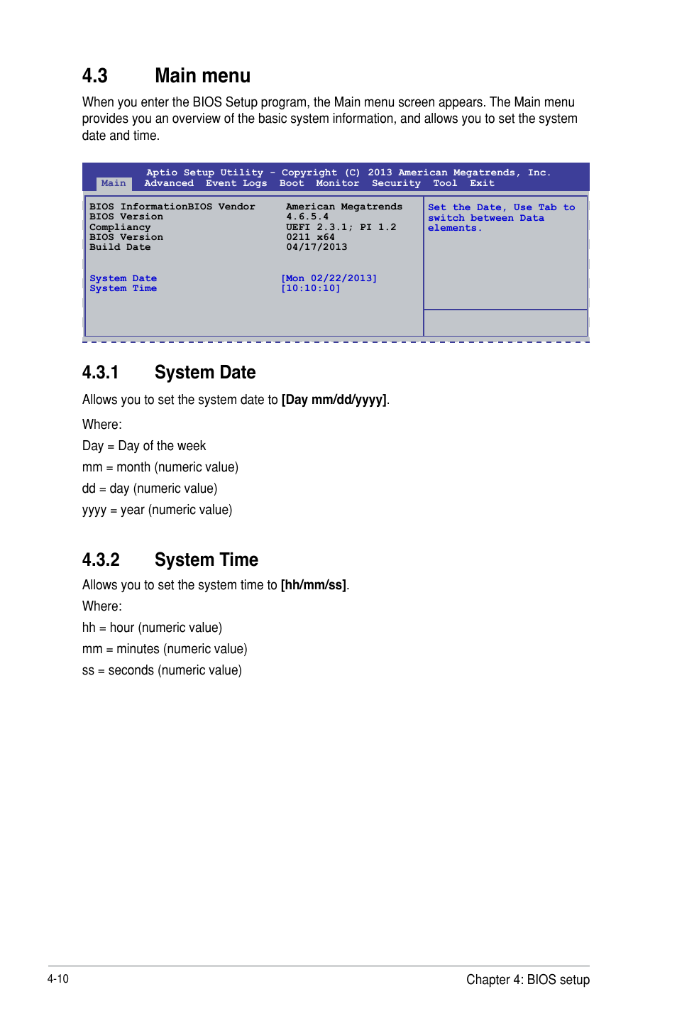 3 main menu, Main menu -10 4.3.1, System date -10 | System time -10, Main menu -10, 1 system date, 2 system time | Asus P9D-I User Manual | Page 62 / 182