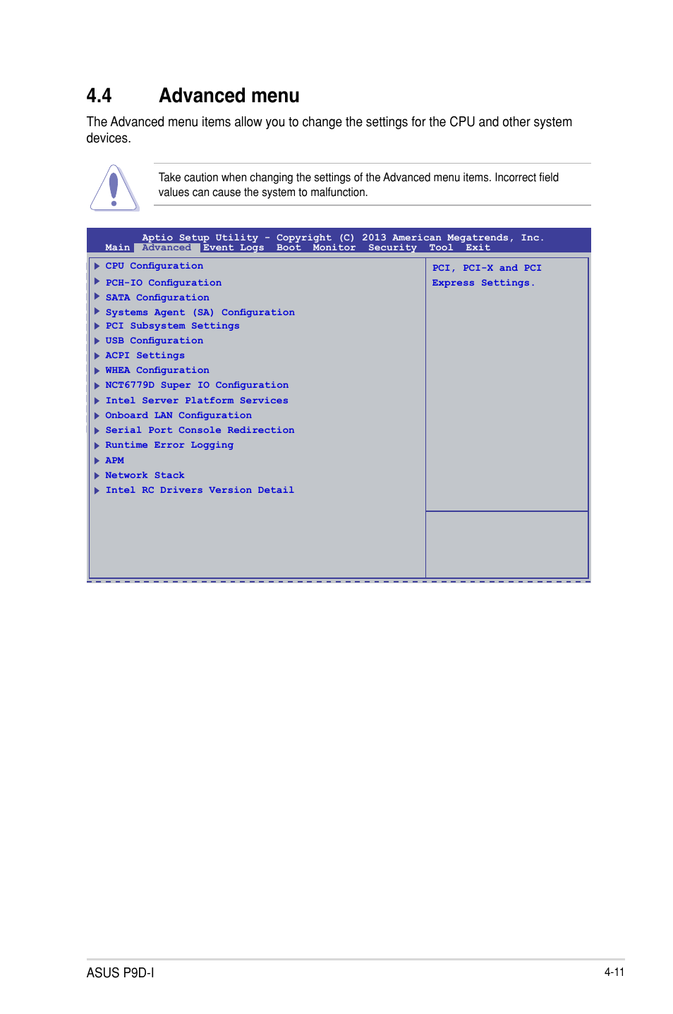 4 advanced menu, Advanced menu -11, Asus p9d-i | Asus P9D-I User Manual | Page 63 / 182