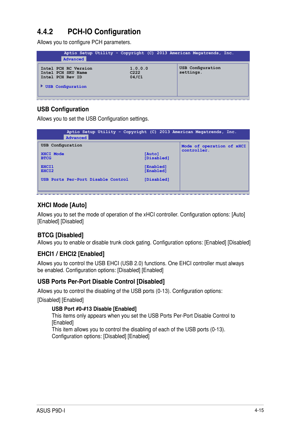 Pch-io configuration -15, 2 pch-io configuration, Usb configuration | Xhci mode [auto, Btcg [disabled, Ehci1 / ehci2 [enabled, Usb ports per-port disable control [disabled | Asus P9D-I User Manual | Page 67 / 182