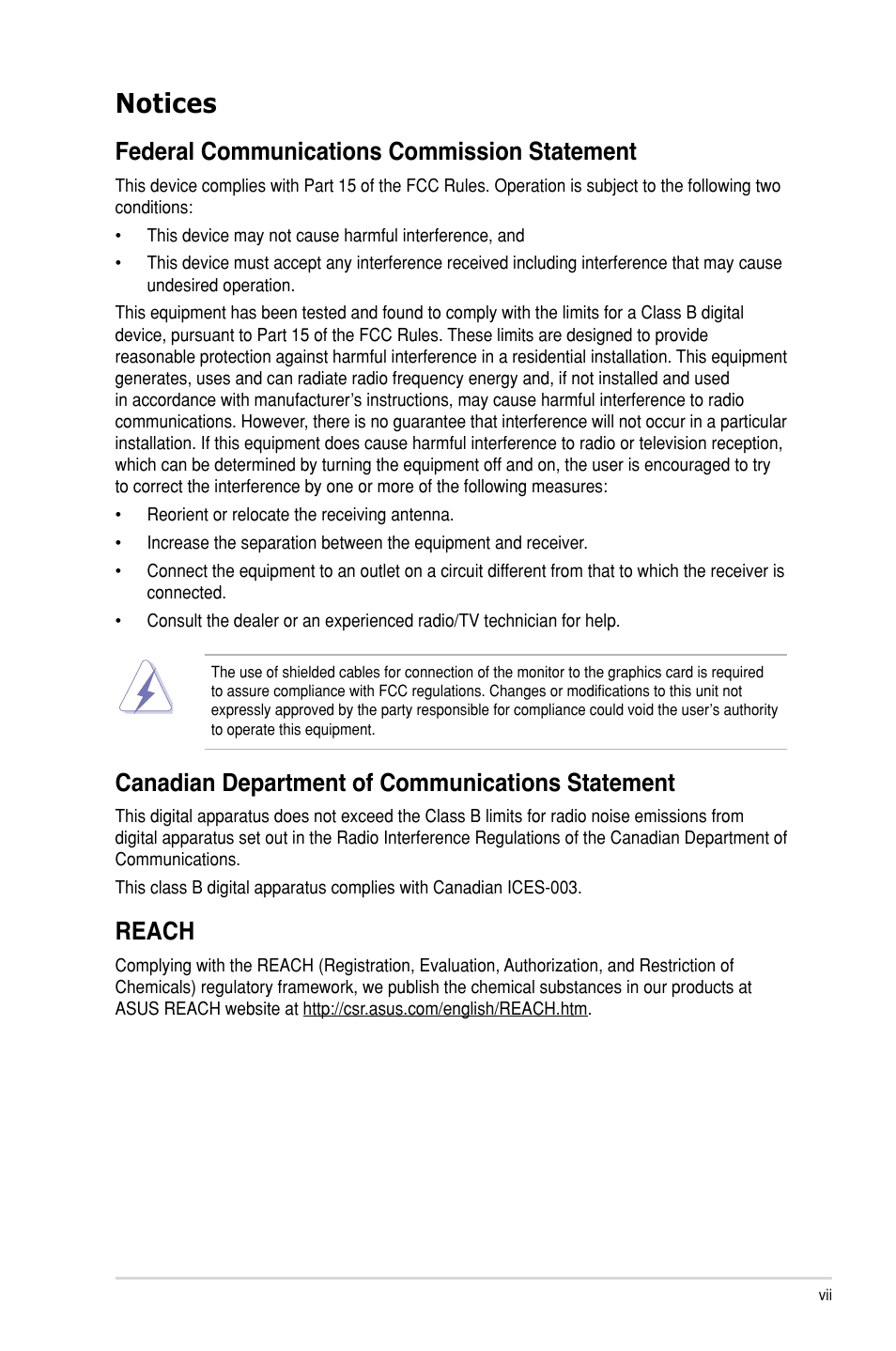 Notices, Federal communications commission statement, Canadian department of communications statement | Reach | Asus P9D-I User Manual | Page 7 / 182