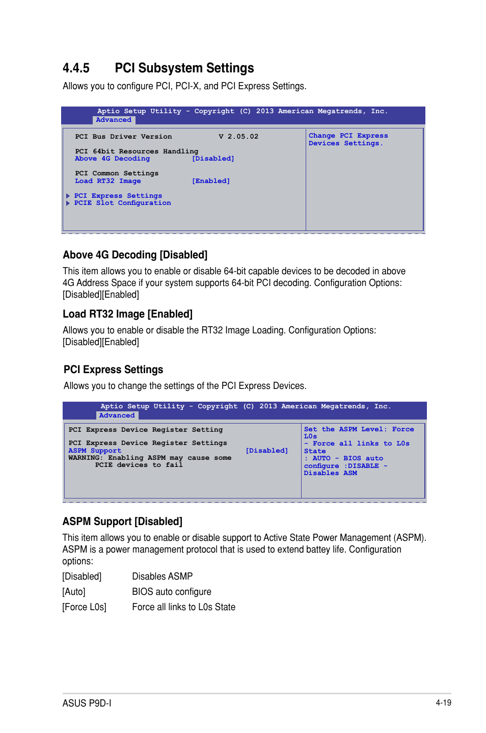 Pci subsystem settings -19, 5 pci subsystem settings, Above 4g decoding [disabled | Load rt32 image [enabled, Pci express settings, Aspm support [disabled | Asus P9D-I User Manual | Page 71 / 182