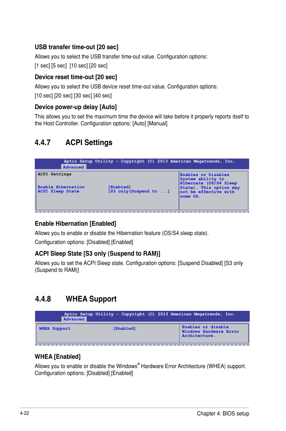 Acpi settings -22, Whea support -22, 8 whea support | 7 acpi settings, Whea [enabled, Usb transfer time-out [20 sec, Device reset time-out [20 sec, Device power-up delay [auto, Enable hibernation [enabled, Acpi sleep state [s3 only (suspend to ram) | Asus P9D-I User Manual | Page 74 / 182
