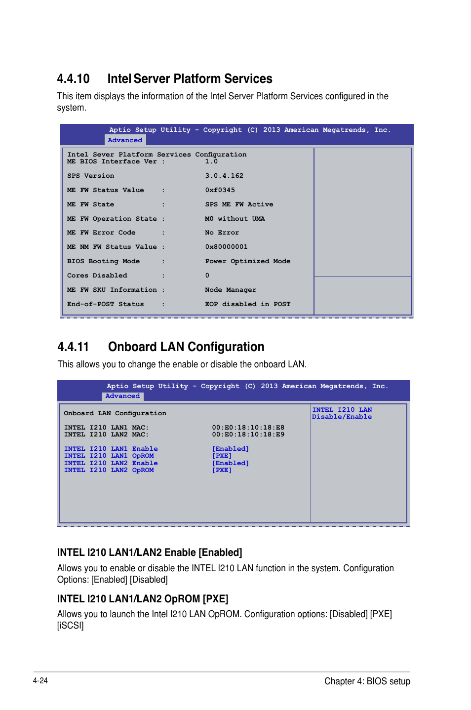 Intel, Server platform services -24, Onboard lan configuration -24 | 11 onboard lan configuration, 10 intel, Server platform services, Chapter 4: bios setup | Asus P9D-I User Manual | Page 76 / 182