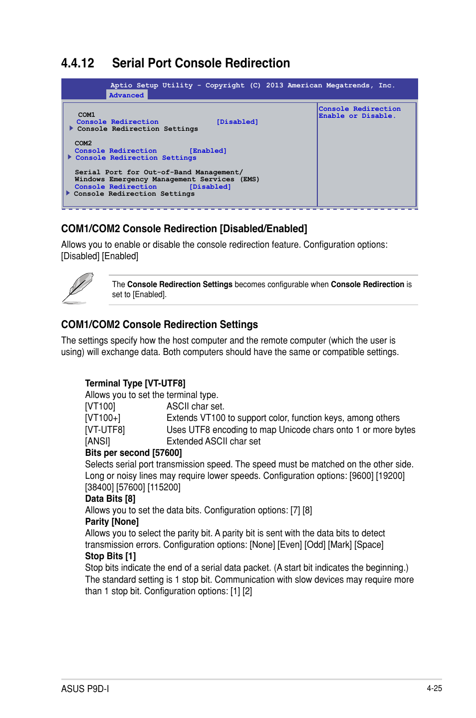 Serial port console redirection -25, 12 serial port console redirection, Com1/com2 console redirection [disabled/enabled | Com1/com2 console redirection settings | Asus P9D-I User Manual | Page 77 / 182