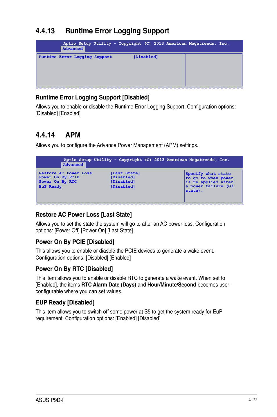 Runtime error logging support -27, Apm -27, 14 apm | 13 runtime error logging support, Restore ac power loss [last state, Power on by pcie [disabled, Power on by rtc [disabled, Eup ready [disabled, Runtime error logging support [disabled | Asus P9D-I User Manual | Page 79 / 182