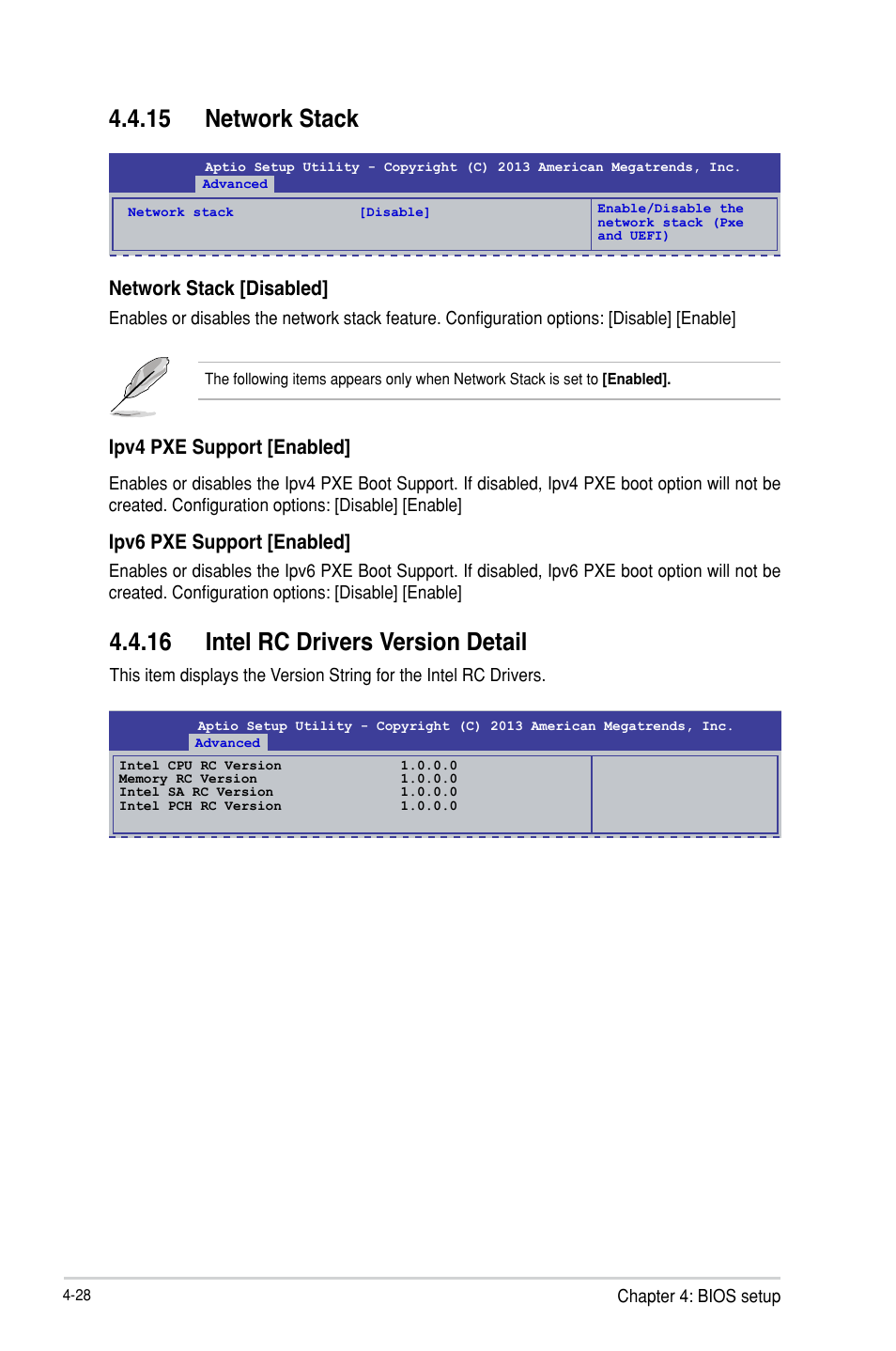 Network stack -28, Intel rc drivers version detail -28, 16 intel rc drivers version detail | 15 network stack, Network stack [disabled, Ipv4 pxe support [enabled, Ipv6 pxe support [enabled | Asus P9D-I User Manual | Page 80 / 182