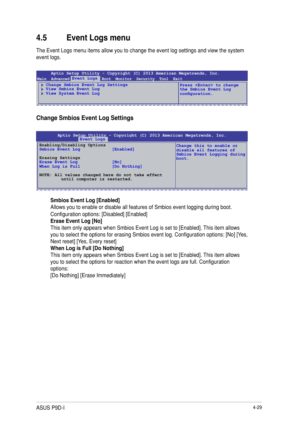 5 event logs menu, Event logs menu -29, Event logs menu -30 | Change smbios event log settings | Asus P9D-I User Manual | Page 81 / 182