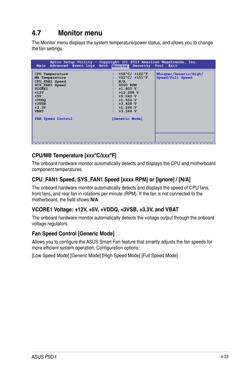 7 monitor menu, Monitor menu -33, Monitor menu -34 | Cpu/mb temperature [xxxºc/xxxºf, Fan speed control [generic mode | Asus P9D-I User Manual | Page 85 / 182