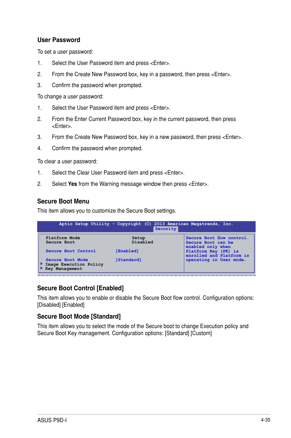 User password, Secure boot menu, Secure boot control [enabled | Secure boot mode [standard | Asus P9D-I User Manual | Page 87 / 182