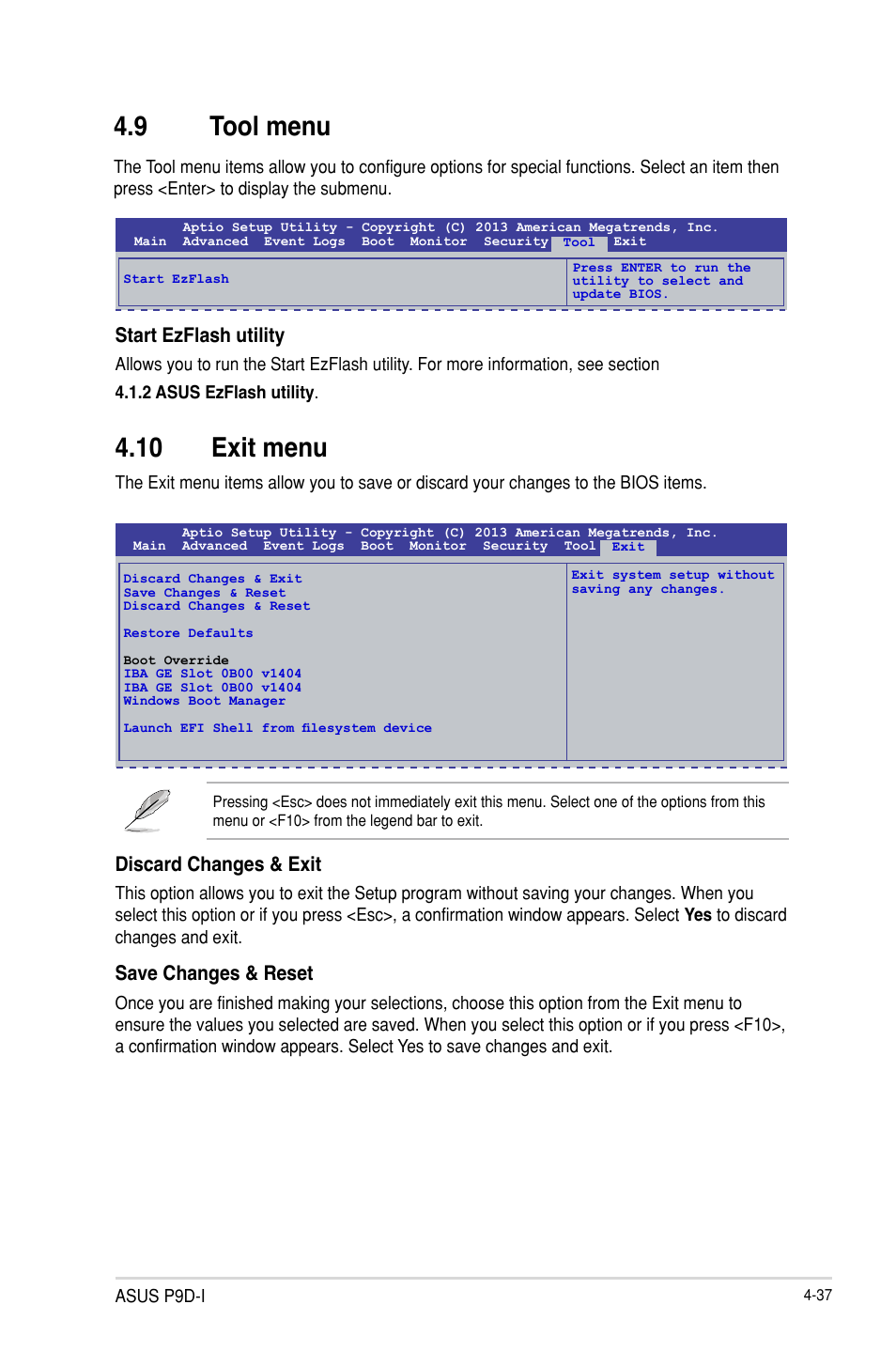 10 exit menu, 9 tool menu, Tool menu -37 | Exit menu -37, Tool menu -38, Exit menu -38, Discard changes & exit, Save changes & reset, Start ezflash utility | Asus P9D-I User Manual | Page 89 / 182