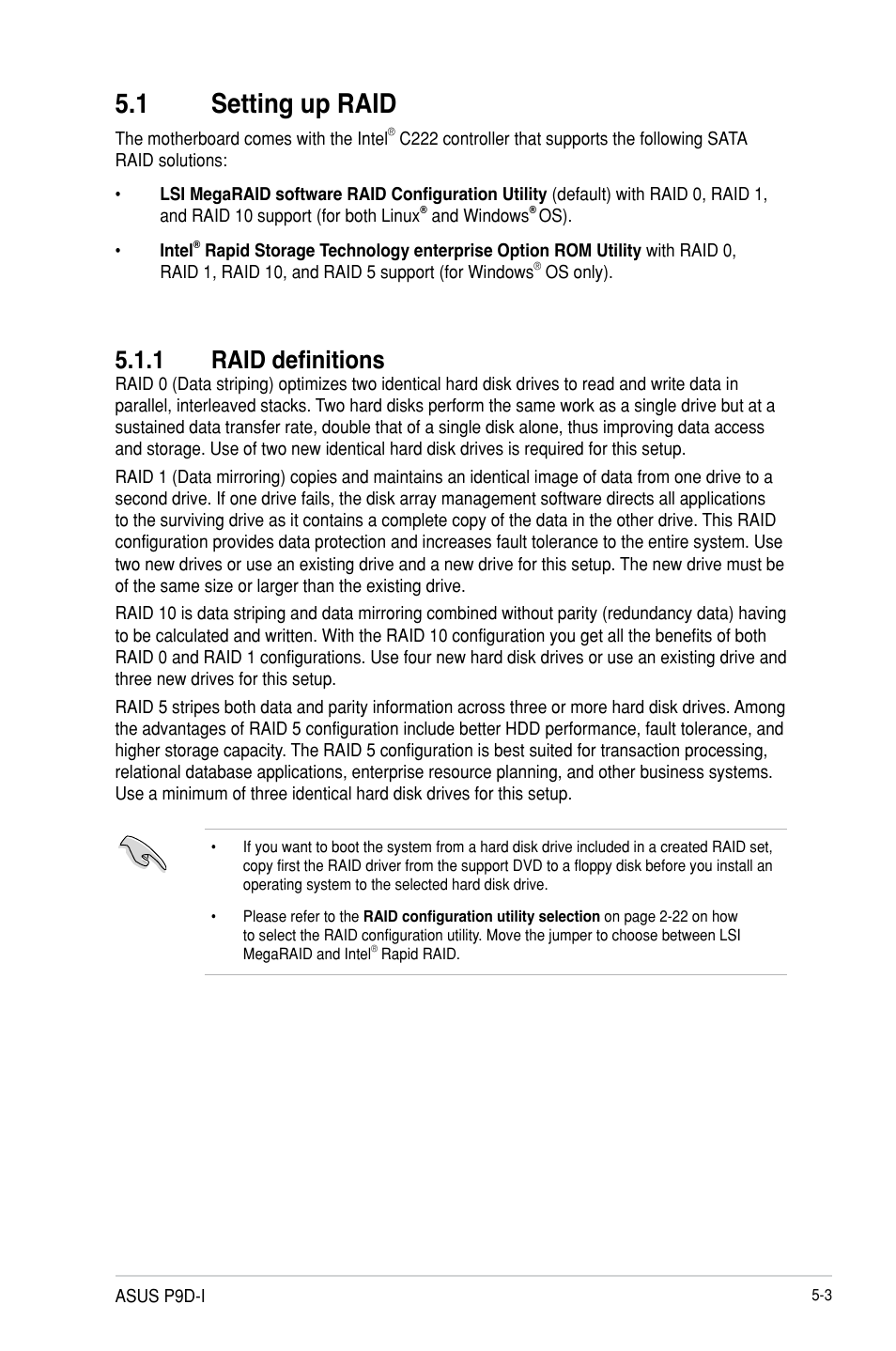 Setting up raid -3 5.1.1, Raid definitions -3, Setting up raid -3 | 1 setting up raid, 1 raid definitions | Asus P9D-I User Manual | Page 93 / 182